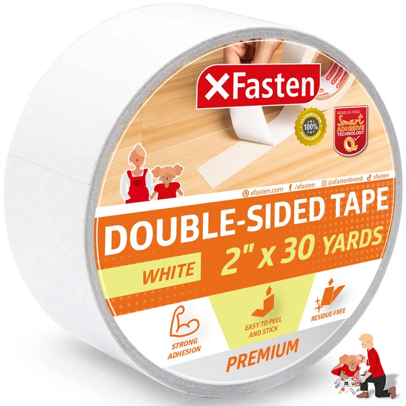 XFasten Double Sided Tape, White, Removable and Residue-Free, 2-Inch x 30 Yards, Surface Safe Two-Sided Sticky Adhesive Tape for Wall, Floor, Clothes, Rug, Fabric, Crafts and Scrapbooking - Image 1